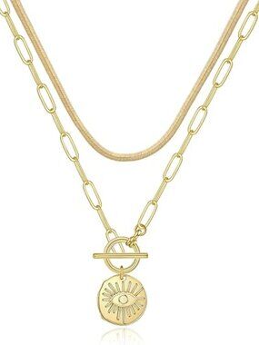 Yoosteel 14K Gold Plated Brass Evil Eye Layer Charm Boho Necklace 16” & 22”